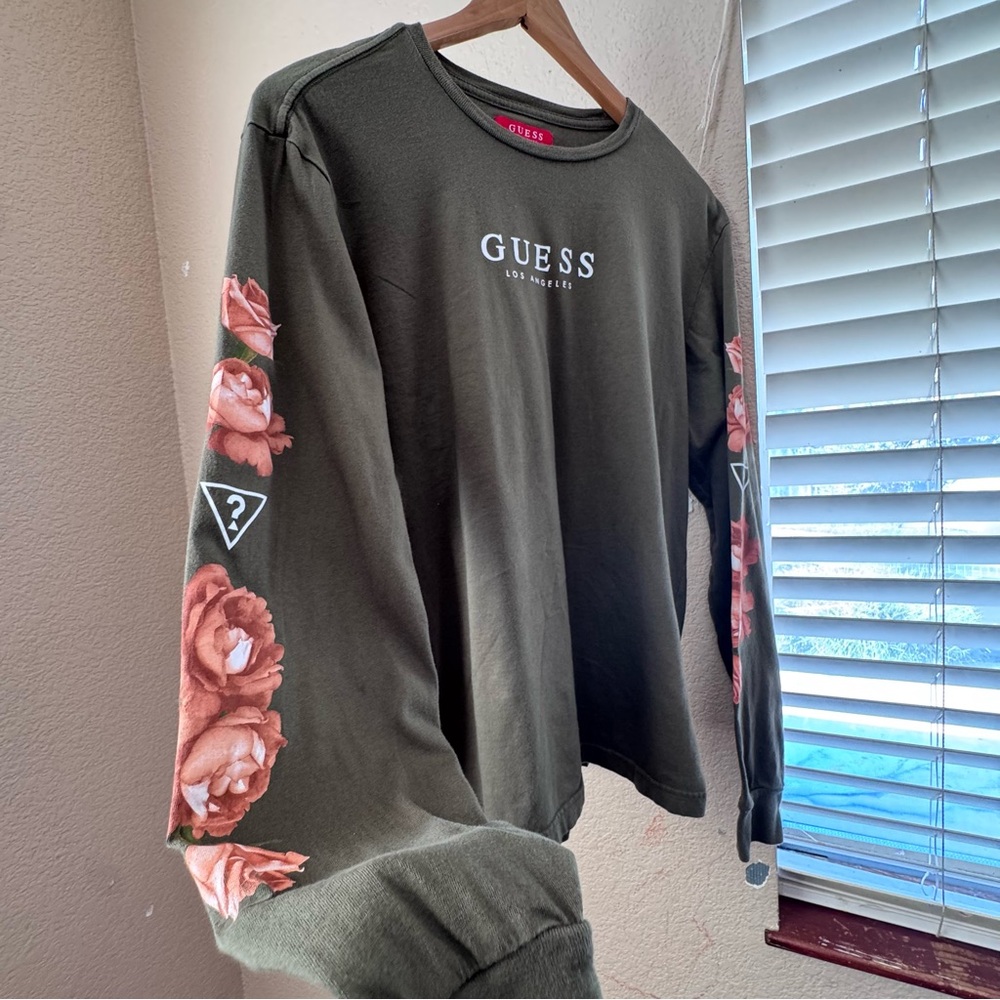 Guess Olive Green Roses Sleeve Shirt